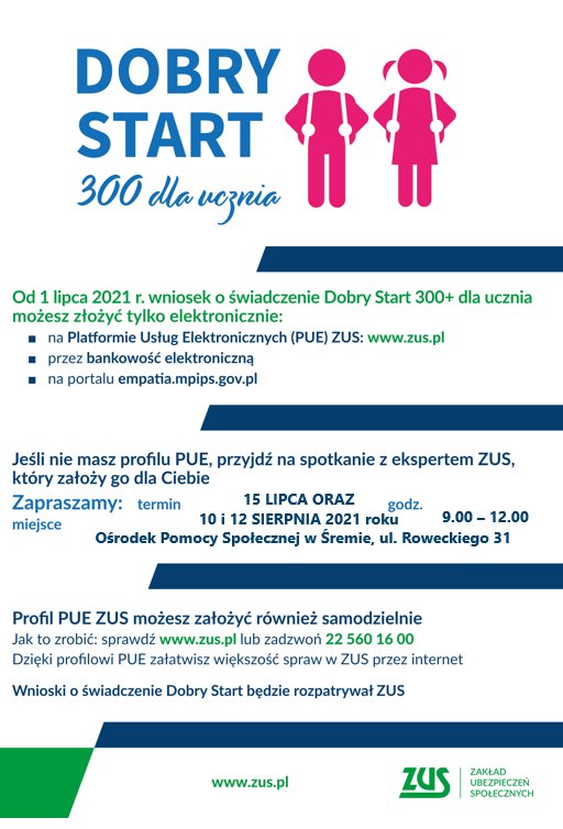Plakat Programu Dobr Start. Na białym tle zamieszczone są informacje w&nbsp;kolorze zielonym i&nbsp;granatowym o&nbsp;spotkaniu z&nbsp;ekspertami ZUS.