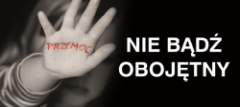 Fotografia przedstawia Logo przeciwdziałania przemocy na terenie gminy Śrem. Na czarnym tle przedstawiona jest ręka dziecka, na której widnieje czerwony napis &bdquo;Przemoc&rdquo;. Obok znajduje się biały napis &bdquo;Nie bądź obojętny&rdquo;.