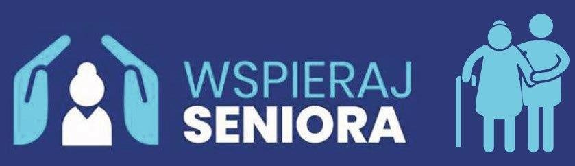 Logo Programu &bdquo;Wspieraj Seniora&rdquo;. Na granatowym tle na środku umieszczony jest niebieski i&nbsp;biały napis Wspieraj Seniora. Po prawej stronie napisu znajdują się dwie niebieskie postaci &ndash; kobieta opierająca się o&nbsp;laskę, którą wspiera mężczyzna. Po lewej stronie jest biały korpus kobiety, nad którym widnieją ręce w&nbsp;kolorze niebieskim.